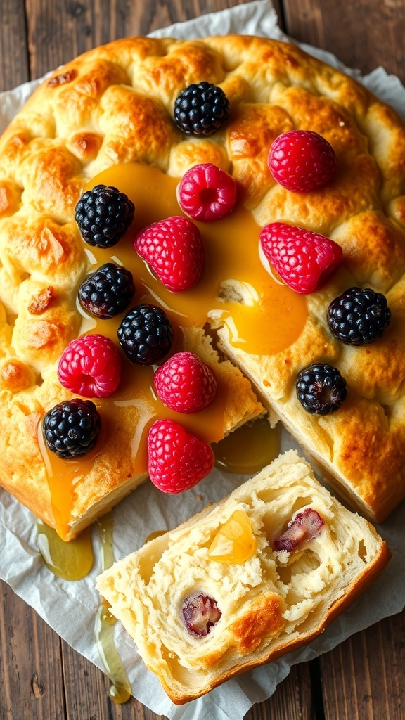 Sweet sourdough focaccia bread with berries and honey on a wooden table.